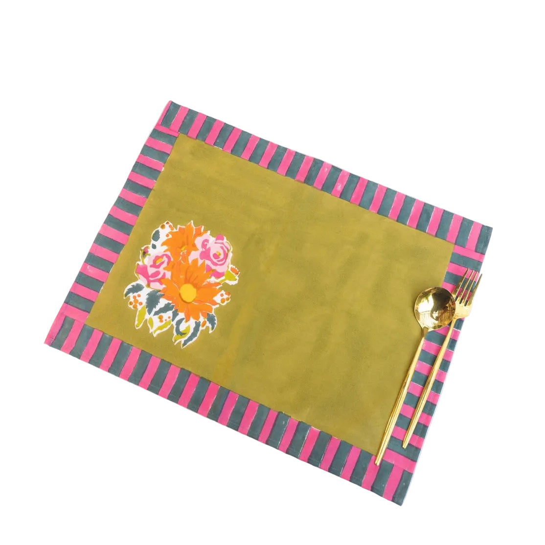 Placemat with floral design and striped border on a white background