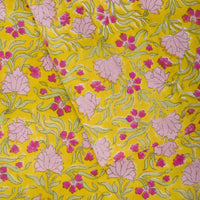 Floral patterned fabric with pink flowers on a yellow background