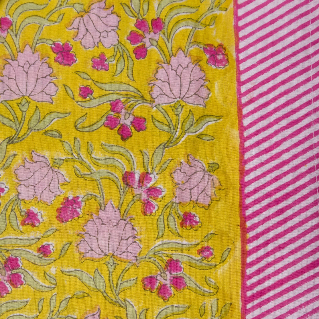 Fabric with pink floral pattern on yellow background and pink striped border