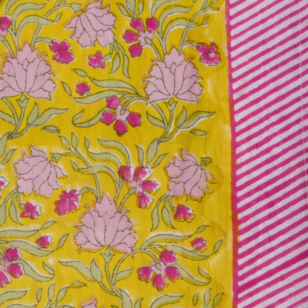 Fabric with pink floral pattern on yellow background and pink striped border