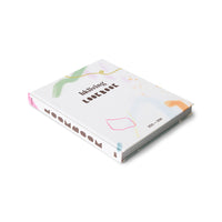 White notebook with colorful designs and text on a white background