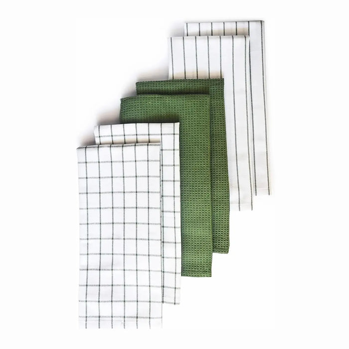 Set of green and white patterned cloths on a white background