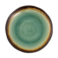 Ceramic plate with a green center and brown rim on a white background