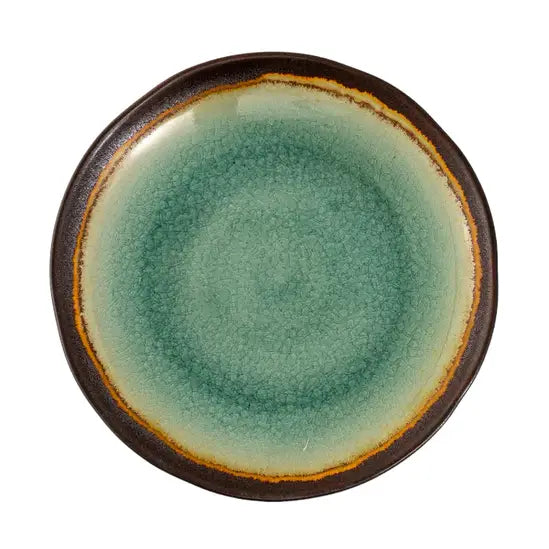 Ceramic plate with a green center and brown rim on a white background