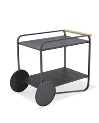 Black metal serving cart with a wooden handle on a white background