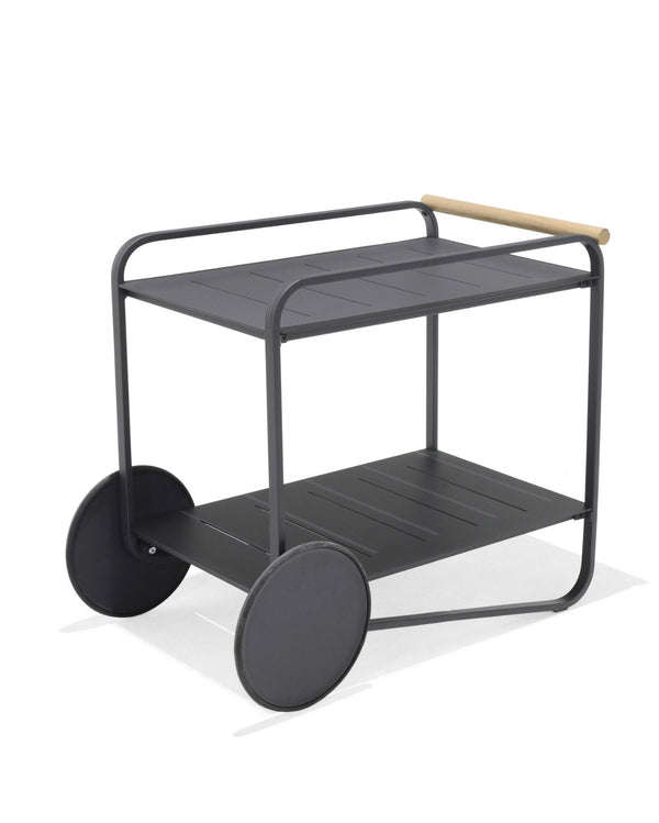 Black metal serving cart with a wooden handle on a white background