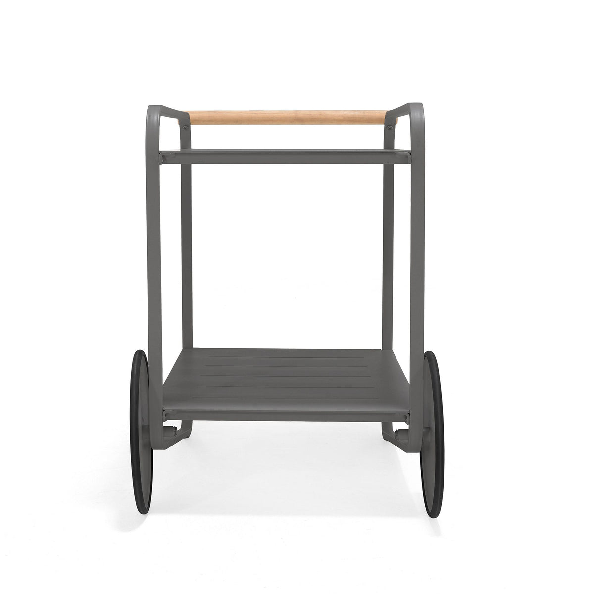 Gray outdoor serving cart with a wooden handle on a white background