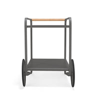 Gray outdoor serving cart with a wooden handle on a white background