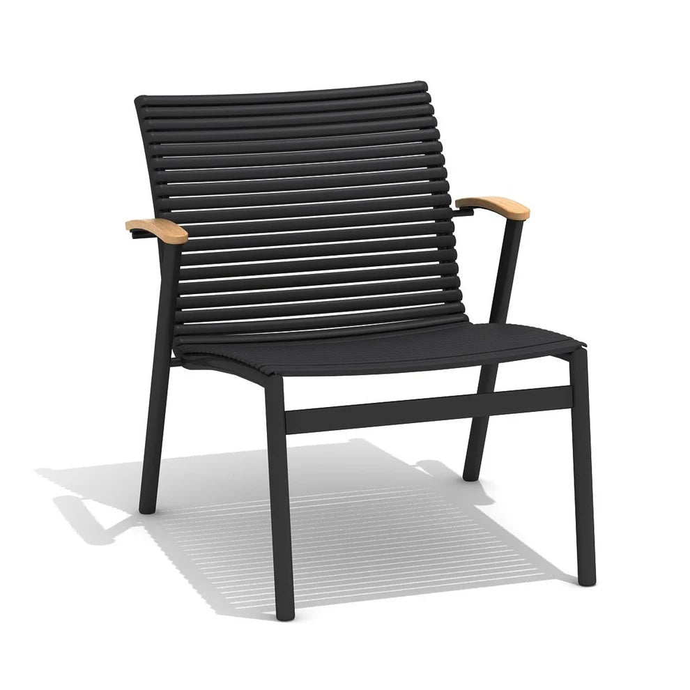 Black outdoor chair with wooden armrests on a white background