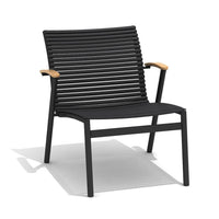 Black outdoor chair with wooden armrests on a white background