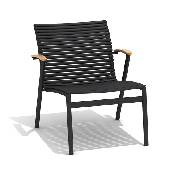 Black outdoor chair with wooden armrests on a white background