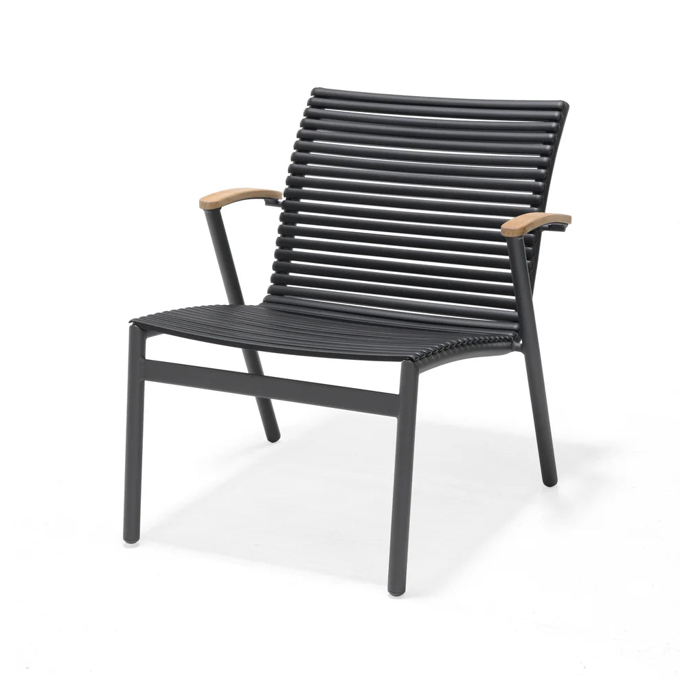 Black outdoor chair with wooden armrests on a white background