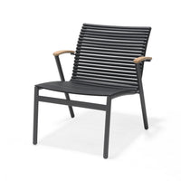 Black outdoor chair with wooden armrests on a white background