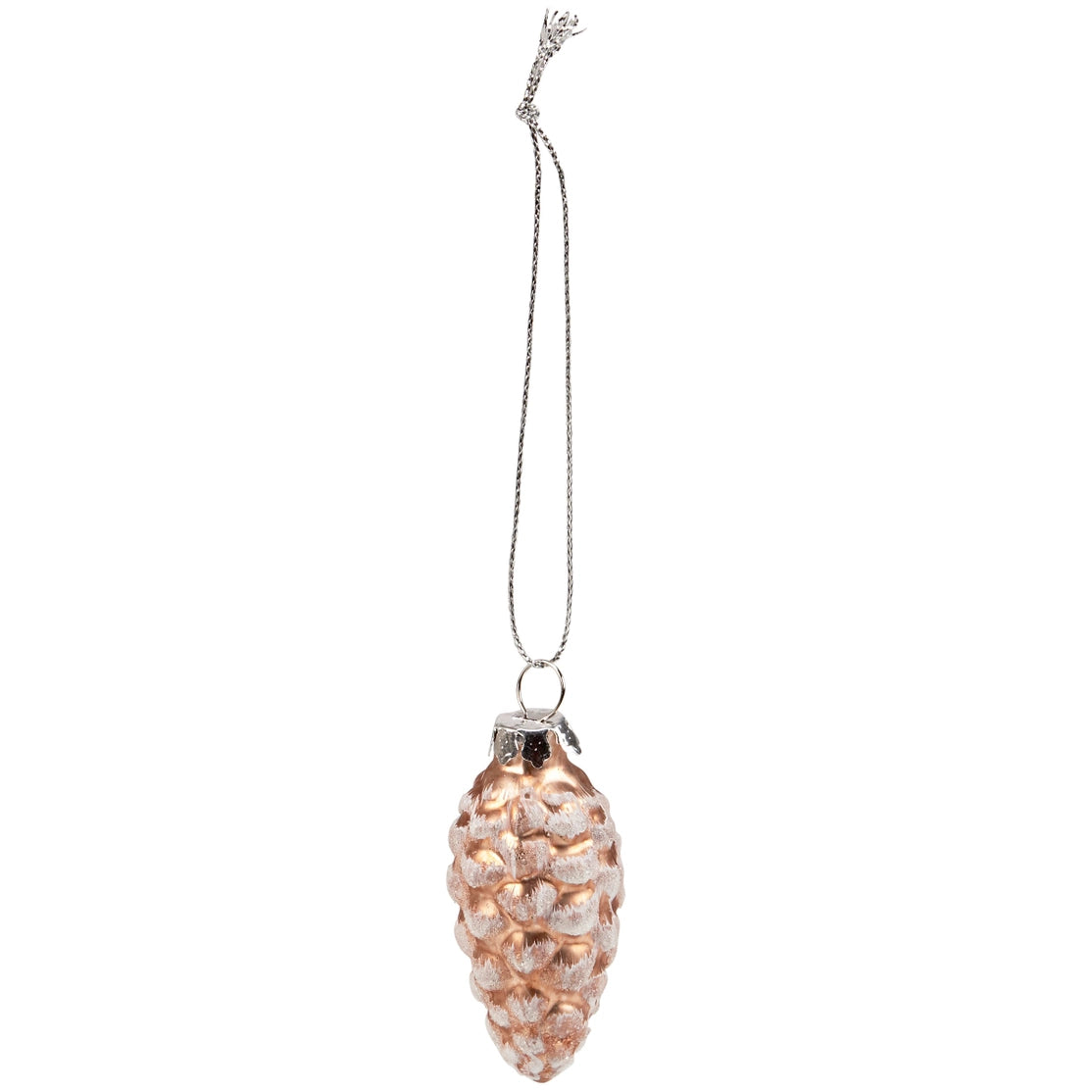Decorative pinecone ornament with rose gold finish on a white background