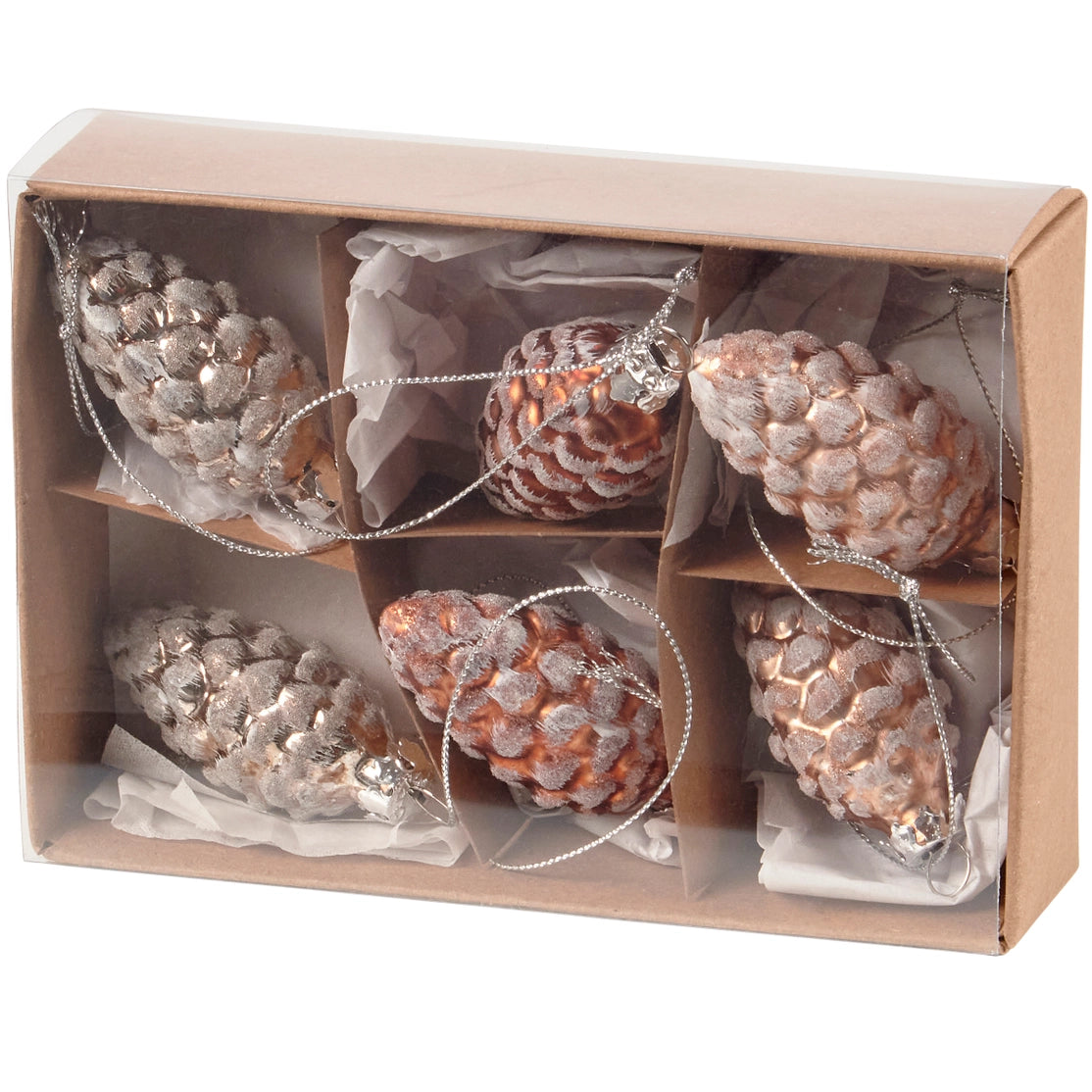 Decorative pinecones with silver and gold accents in a cardboard box on a white background