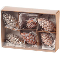 Decorative pinecones with silver and gold accents in a cardboard box on a white background