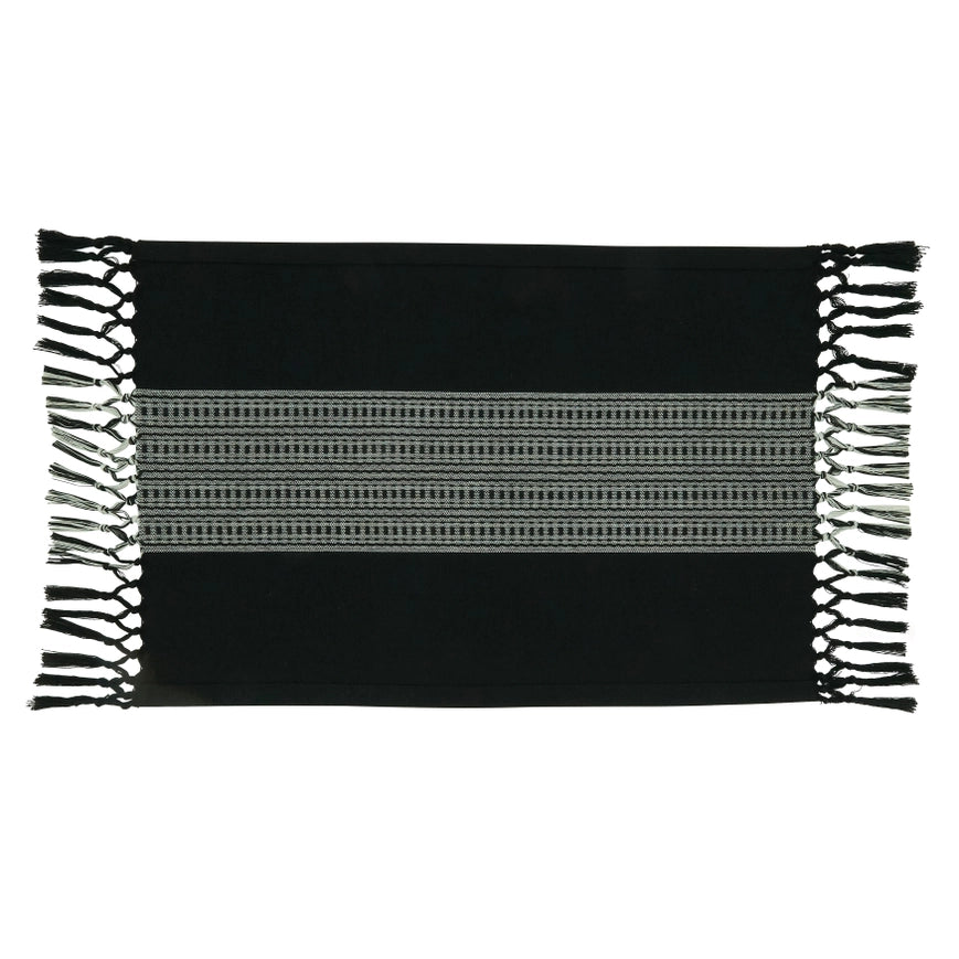 Black woven mat with white fringe on a white background