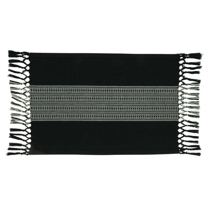 Black woven mat with white fringe on a white background