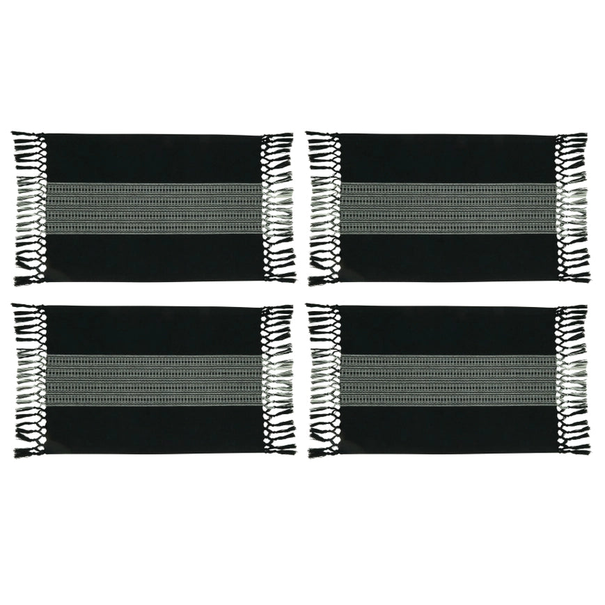 Set of four black and white striped placemats with fringe on a white background