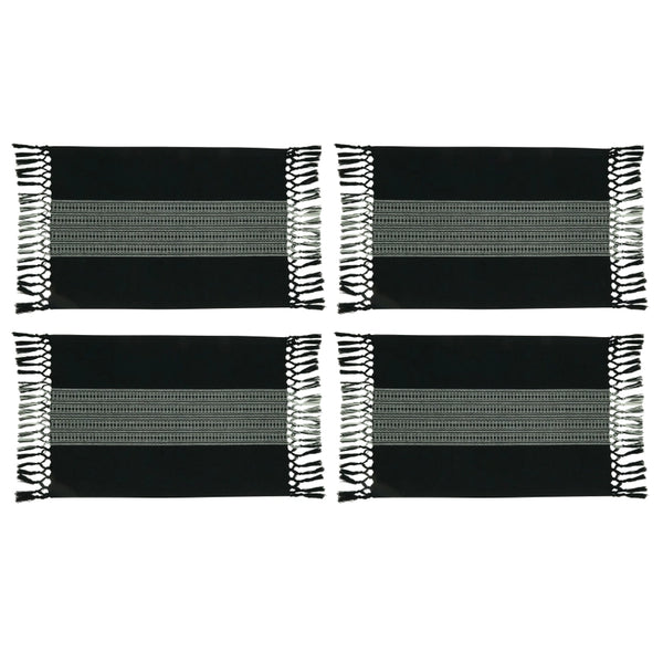 Set of four black and white striped placemats with fringe on a white background