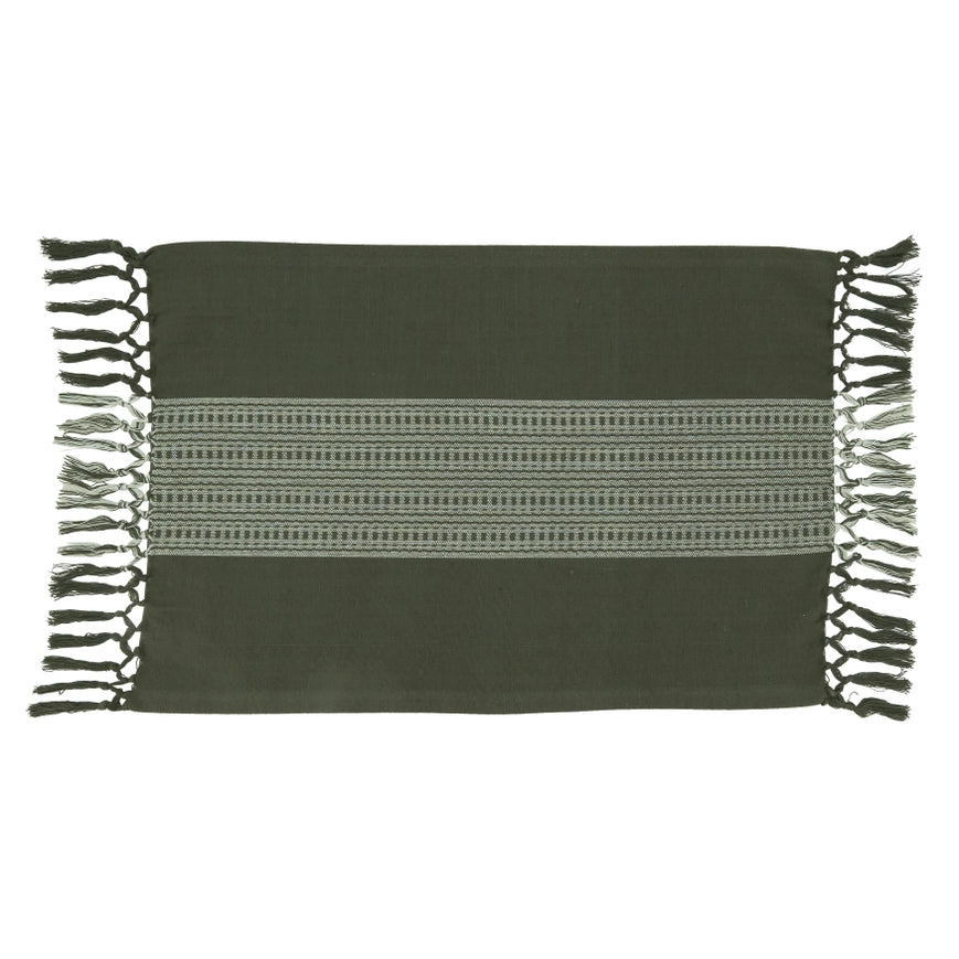 Green woven blanket with fringe on a white background