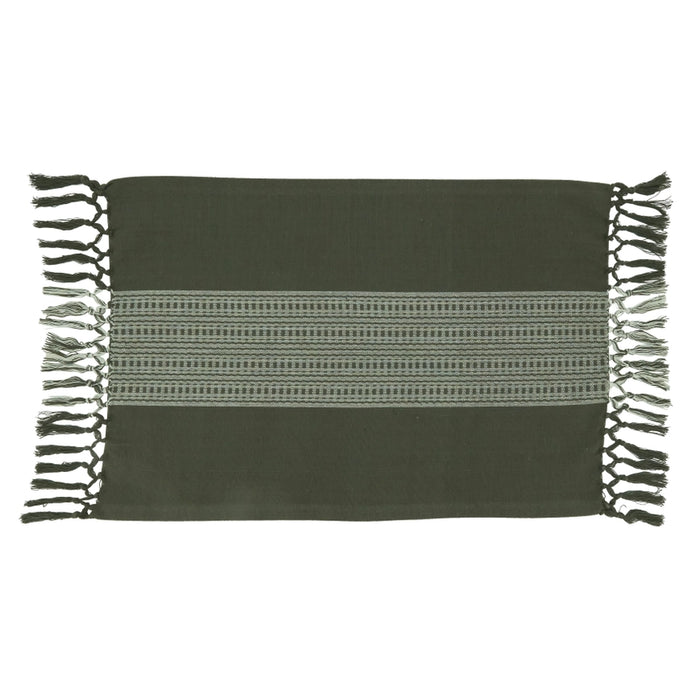 Green woven blanket with fringe on a white background