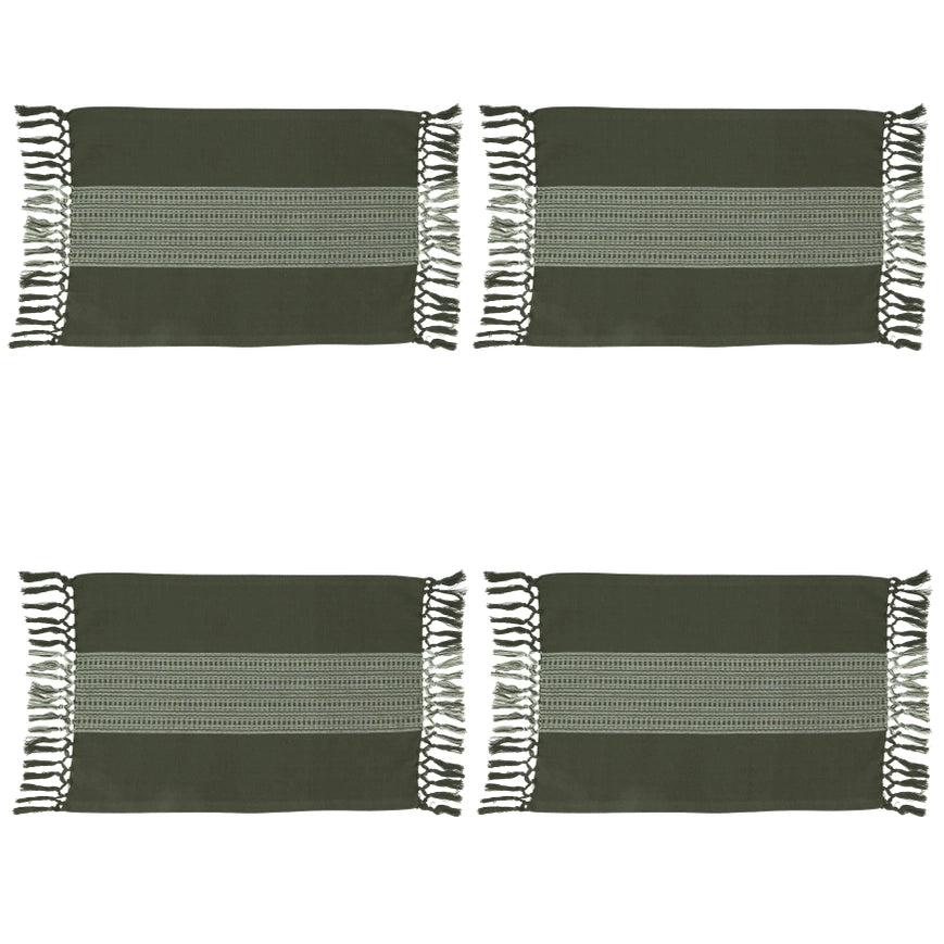 Four green woven placemats with fringe on a white background