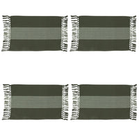 Four green woven placemats with fringe on a white background