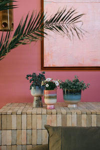Decorative table with potted plants against a pink wall