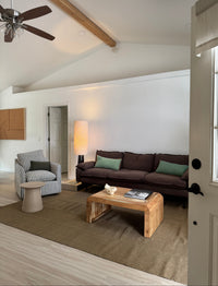 A styled living room interior featuring a dark brown three-seater sofa with two green throw pillows, a striped armchair, a wooden coffee table, and a textured brown area rug on a light wood floor.