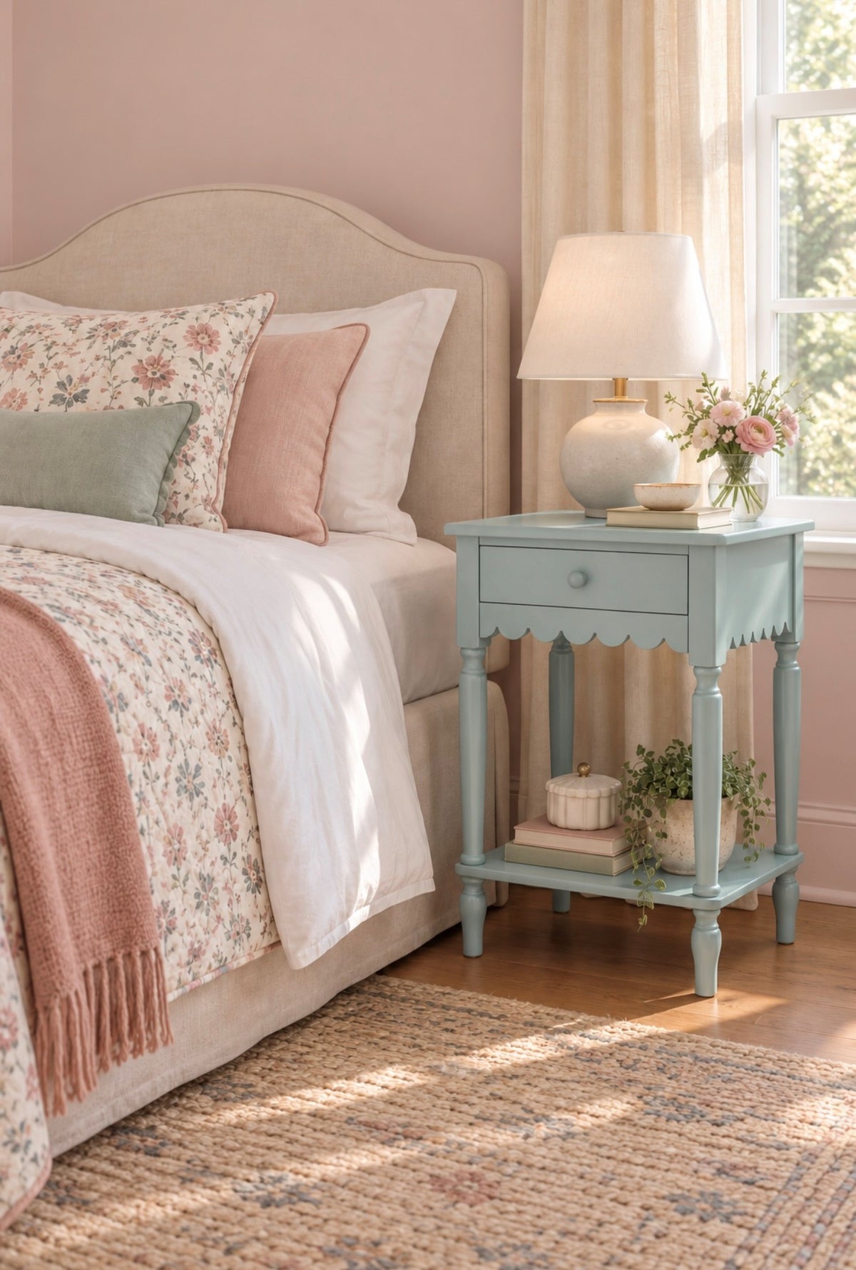 A styled bedroom scene featuring a light blue nightstand beside a bed with floral bedding, a pink throw blanket, and a matching pink nightstand lamp.