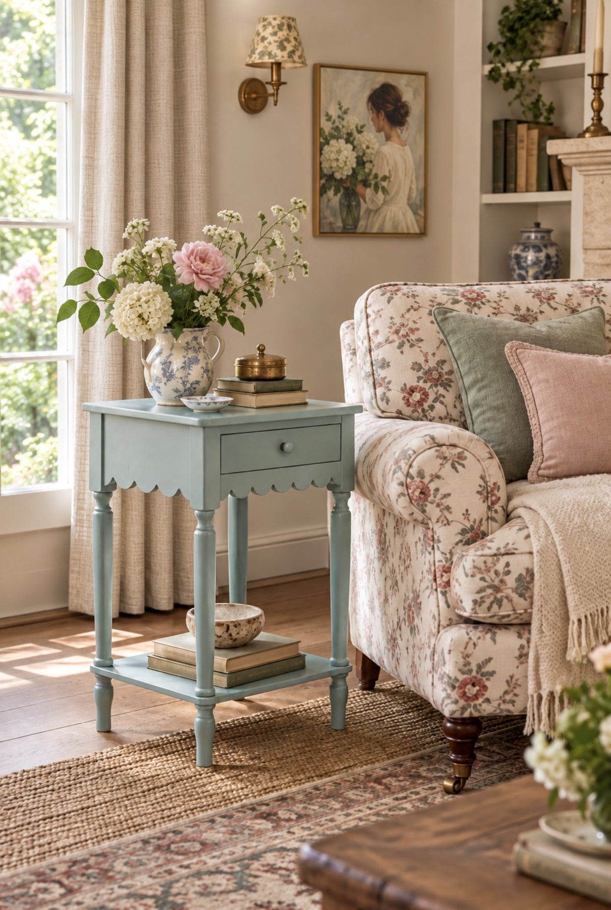 A light blue painted wooden end table styled in a cozy, sunlit living room next to a floral armchair. The table holds a blue-and-white patterned vase filled with pink and white flowers, stacked books, and a small brass object.