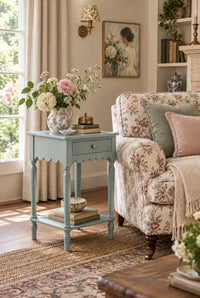 A light blue painted wooden end table styled in a cozy, sunlit living room next to a floral armchair. The table holds a blue-and-white patterned vase filled with pink and white flowers, stacked books, and a small brass object.