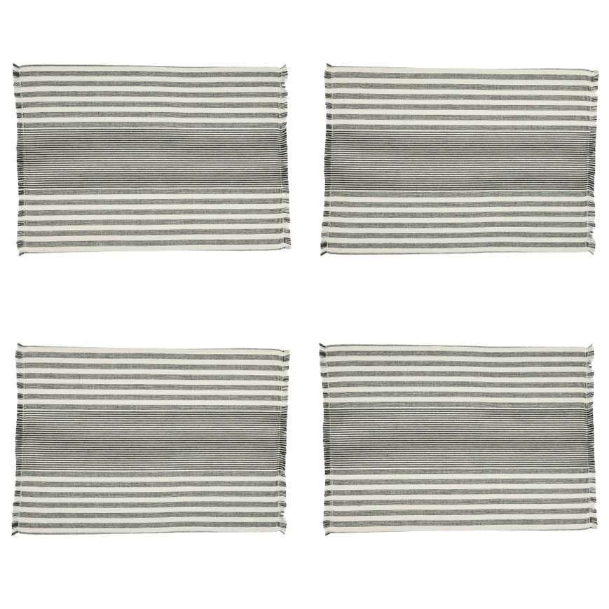 Four striped placemats with gray and white lines on a white background