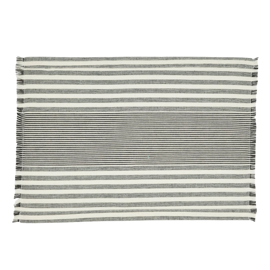 Striped rug with alternating dark and light stripes on a white background