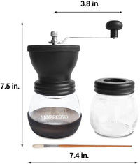 Black and clear manual coffee grinder with dimensions labeled on a white background