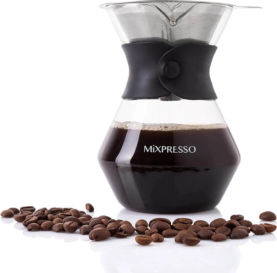 Mixpresso coffee maker with coffee beans on a white background