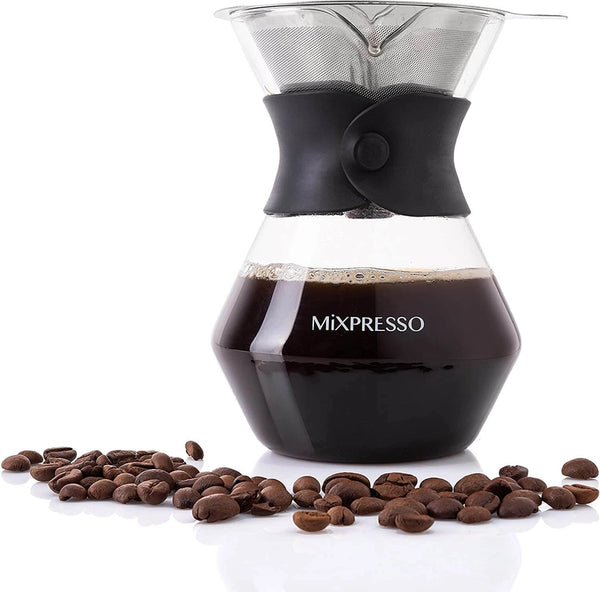 Mixpresso coffee maker with coffee beans on a white background