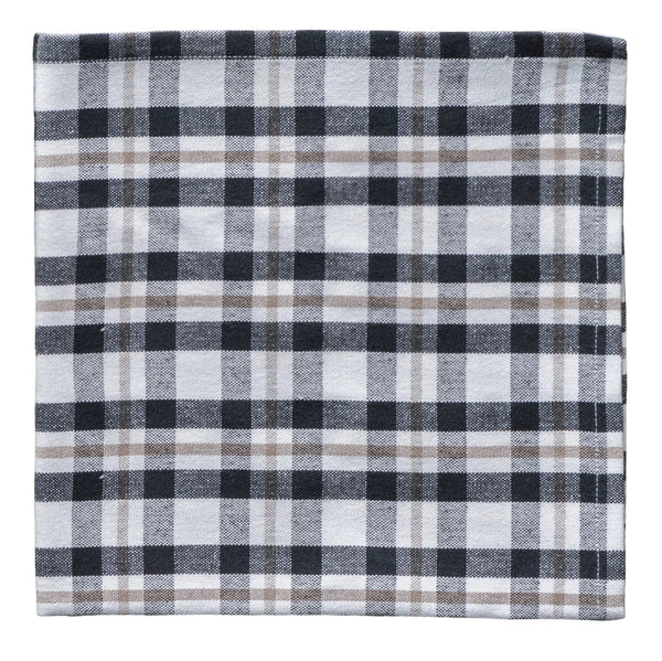 Plaid fabric napkin with black, white, and gray colors on a white background
