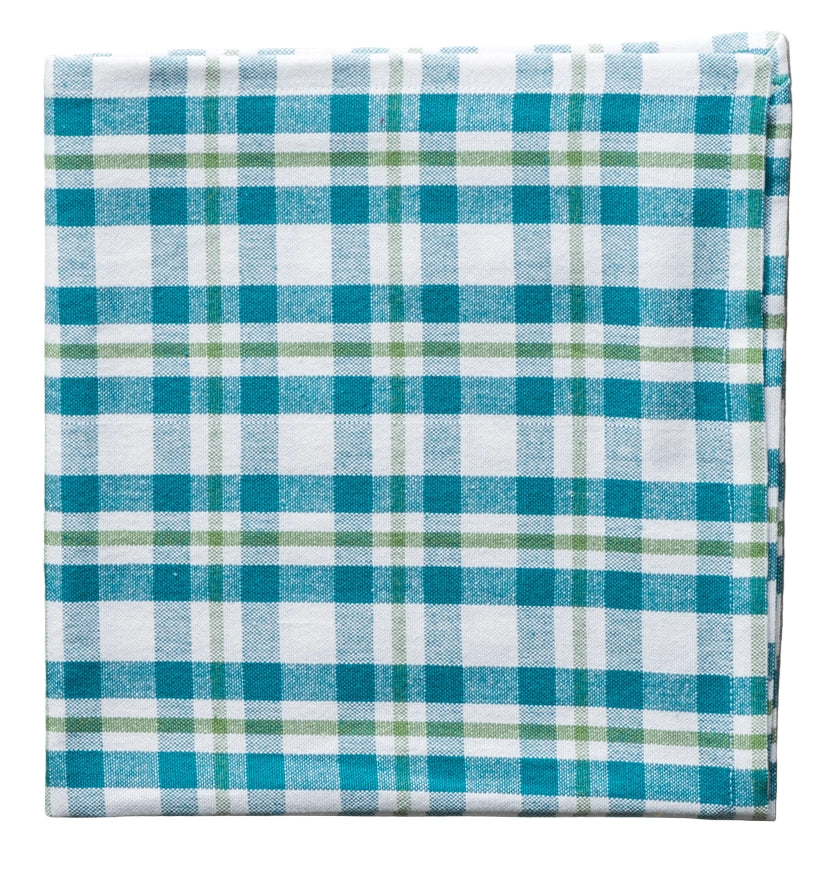 Folded checkered fabric napkin with blue, green, and white pattern on a white background