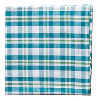 Folded checkered fabric napkin with blue, green, and white pattern on a white background