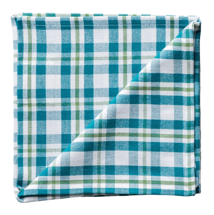 Folded teal and white checkered fabric on a white background