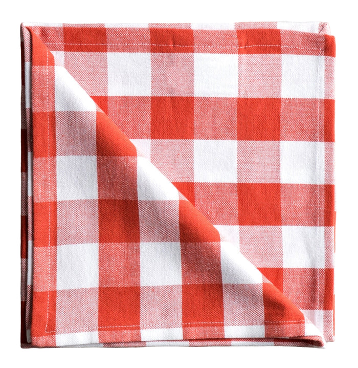 Folded red and white checkered fabric on a white surface