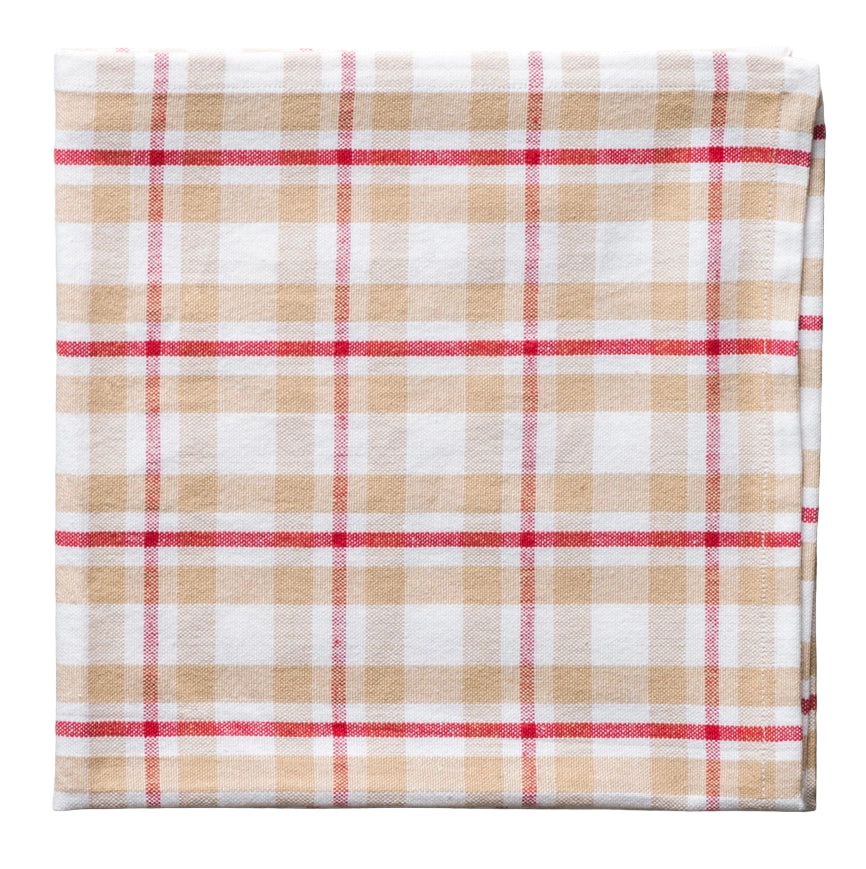Folded plaid fabric with red, beige, and white pattern on a white background