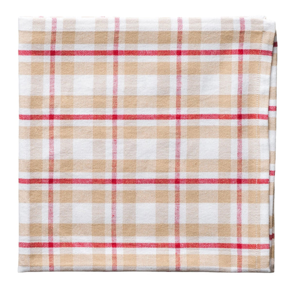 Folded plaid fabric with red, beige, and white pattern on a white background