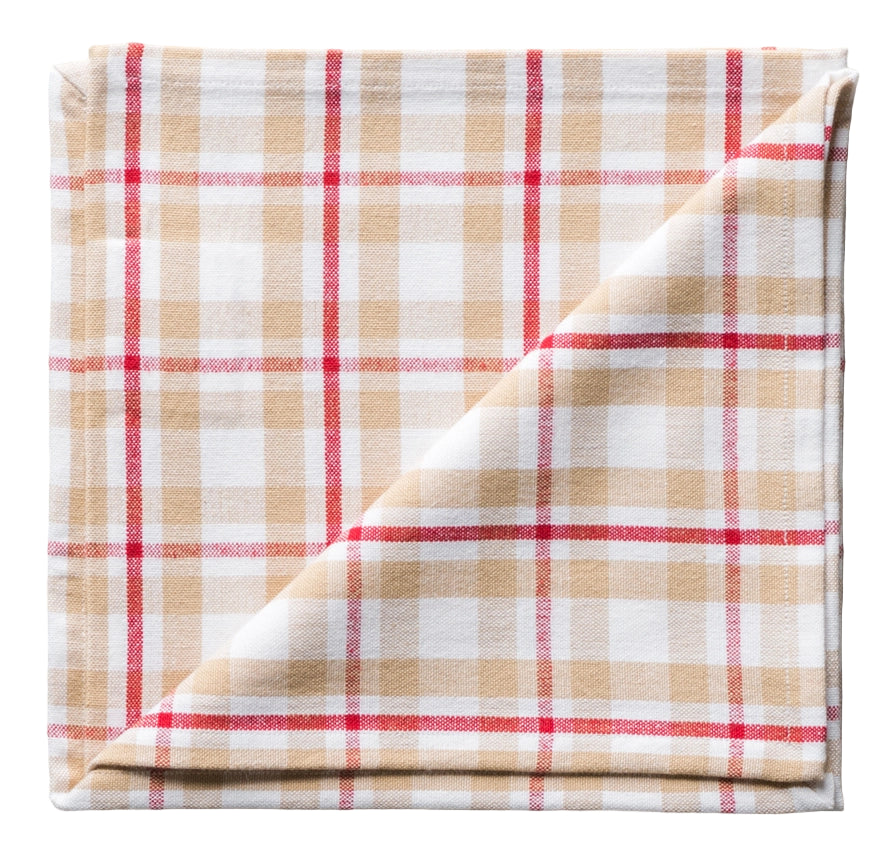 Folded plaid fabric with red and beige pattern on a white background