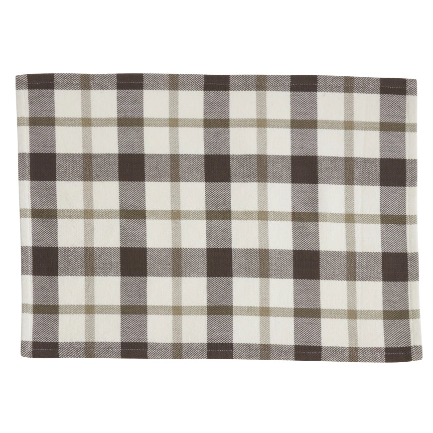 Plaid fabric with brown and beige pattern on a white background