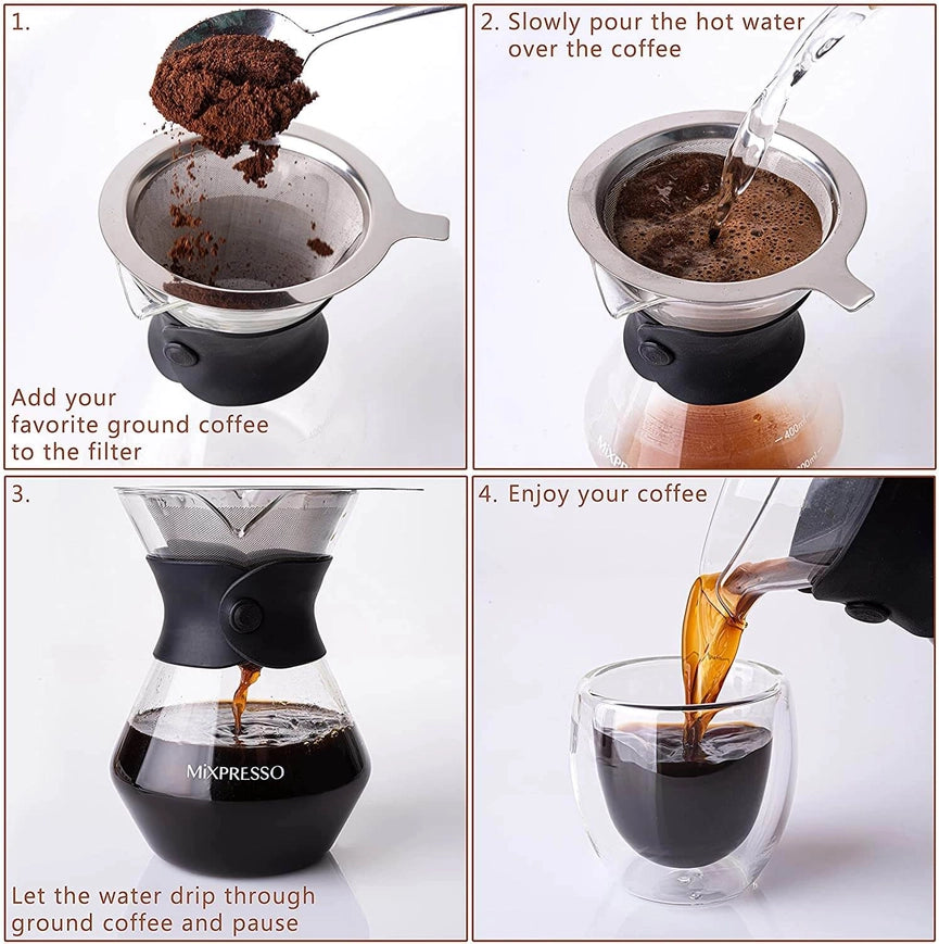 Step-by-step guide on making coffee using a manual coffee maker.