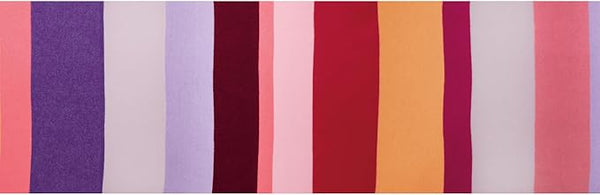 Striped woolen scarf with a pattern of purple, pink, red, orange, and white horizontal stripes.