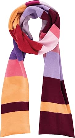 Colorful striped scarf with a gradient of orange, purple, pink, and red on a white background.